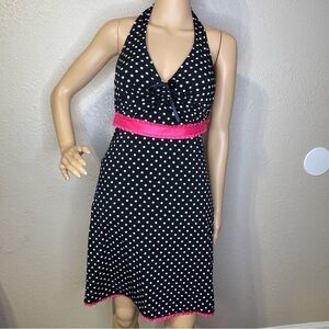Rampage Halter Polkadot Dress Black and White With Pink Sewn On Sash And Hem Med